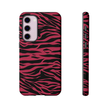 Magenta wild tiger pattern print phone case with vibrant pink and black zebra stripes and sleek protective design back side view