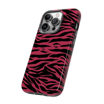 Magenta wild tiger print iphone 13 pro phone case with vibrant pink and black glossy tiger pattern print back design