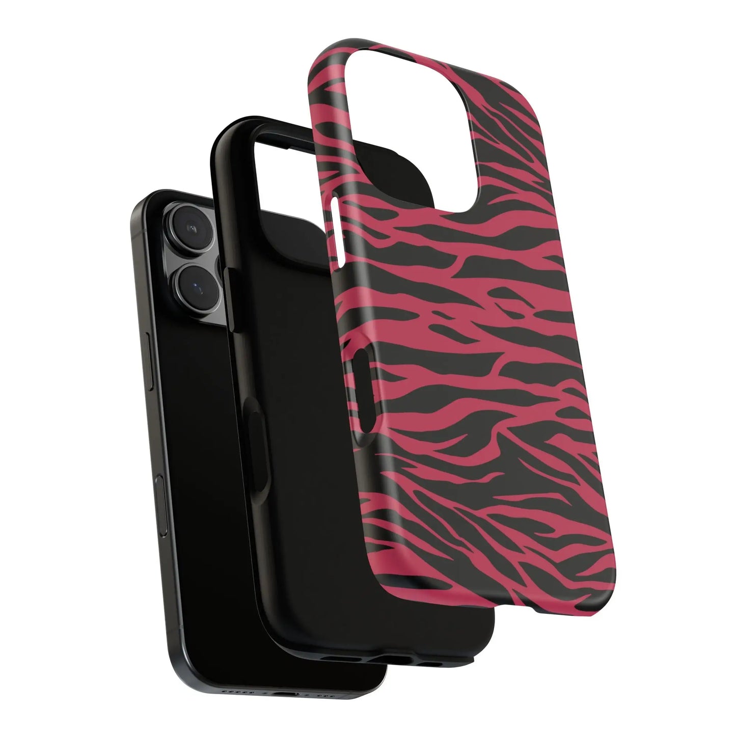 Magenta wild tiger phone case with pink and black wild tiger pattern print and sleek protective design back view