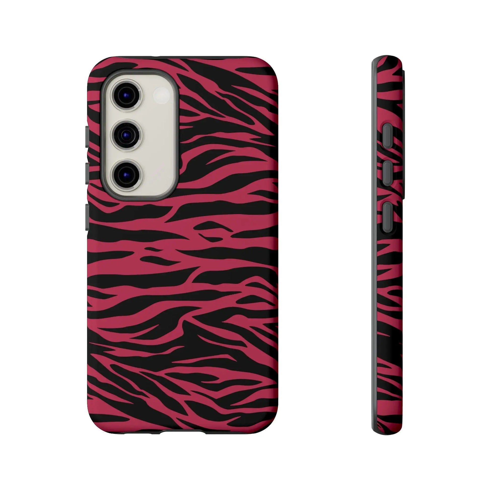 Magenta wild tiger phone case showing back side with vibrant pink and black wild tiger pattern print and sleek protective design