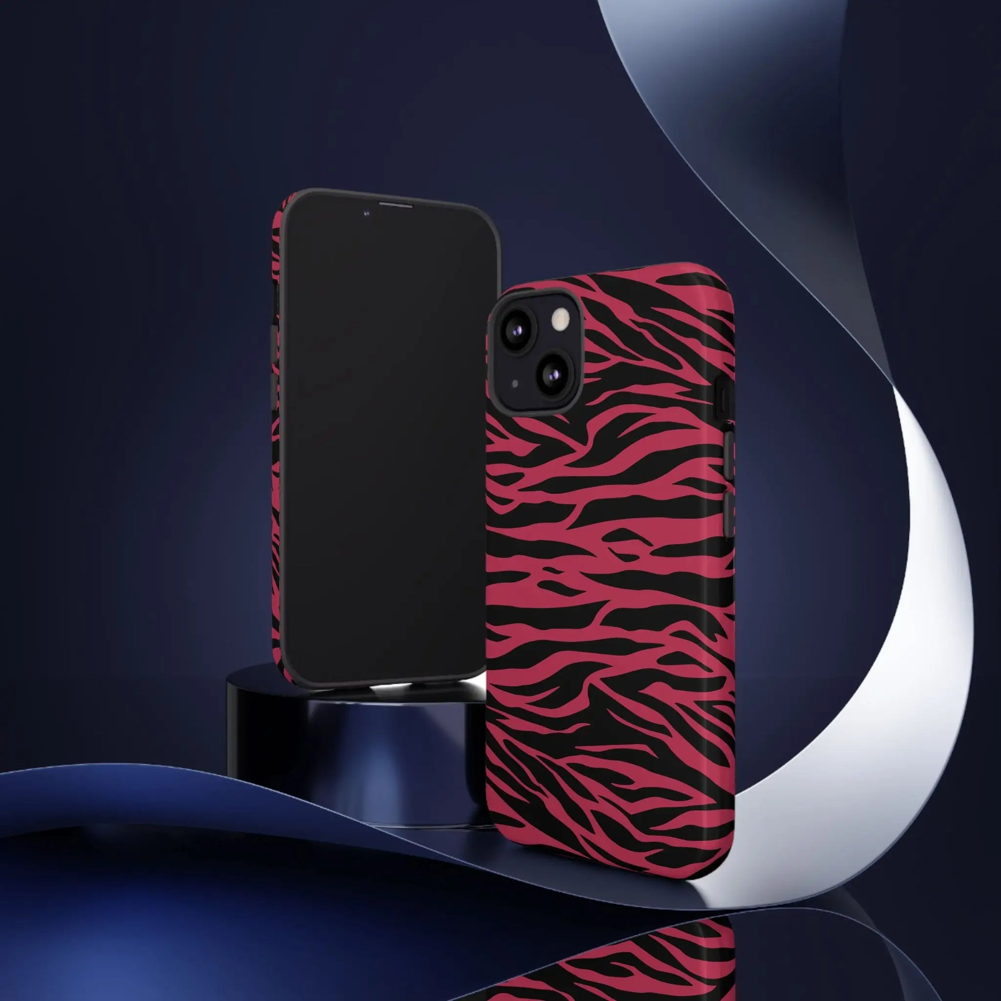 Magenta wild tiger pattern print phone case featuring a vibrant pink and black zebra-striped back design