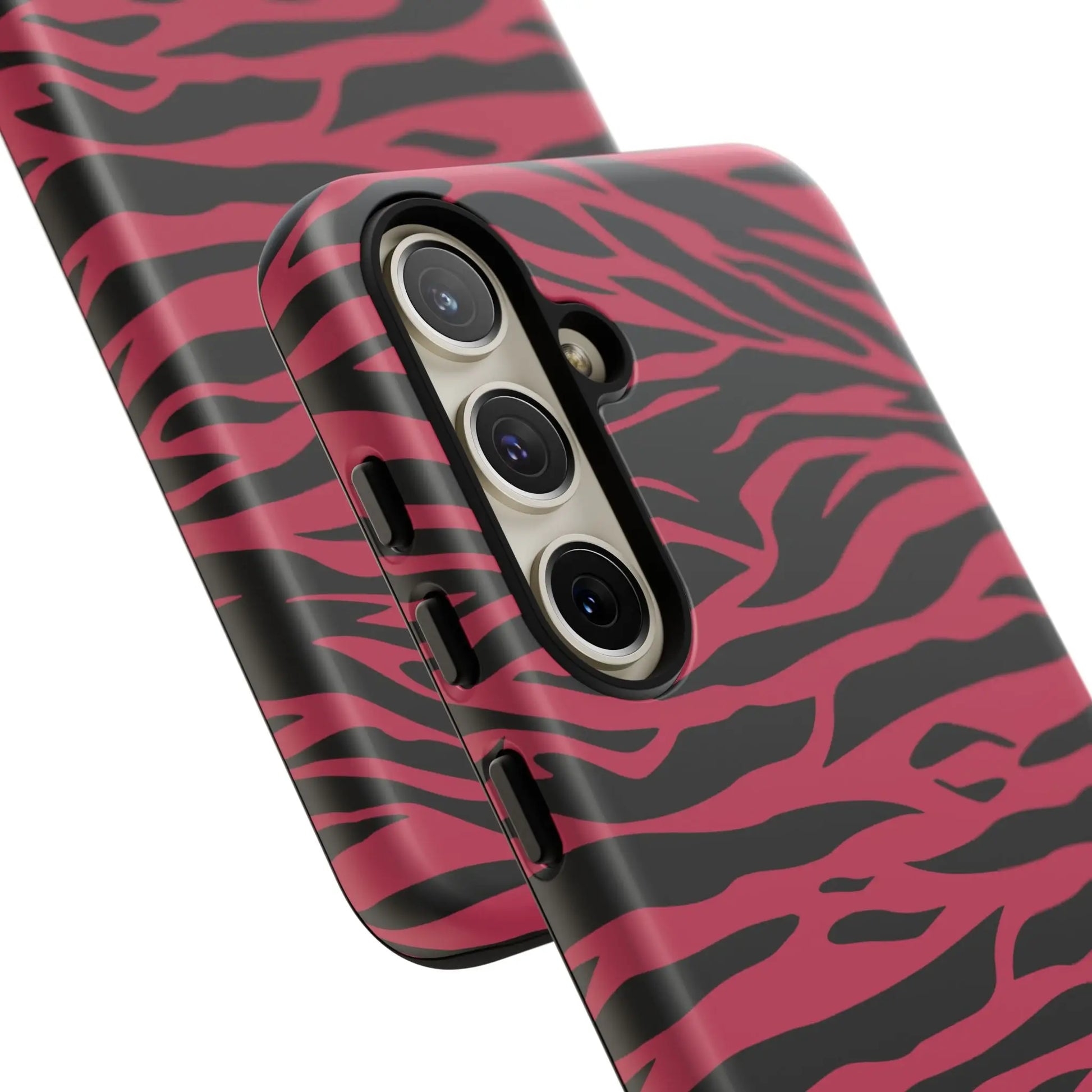 Magenta wild tiger phone case with pink and black wild tiger pattern print and sleek glossy finish shown from the back side