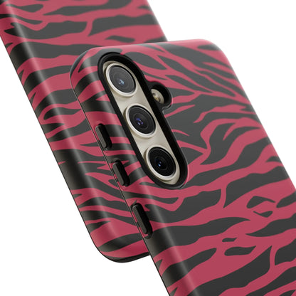 Magenta wild tiger phone case with pink and black wild tiger pattern print and sleek glossy finish shown from the back side