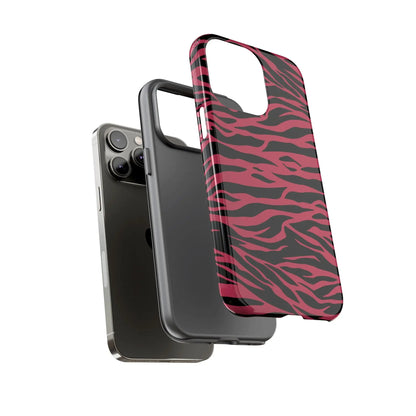Back side of a glossy magenta wild tiger iphone case with vibrant pink and black wild tiger pattern print