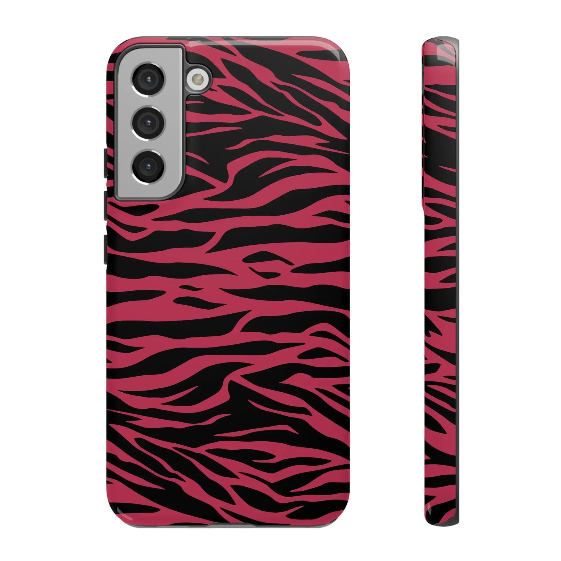 Back side of a pink and black zebra-print magenta wild tiger pattern print phone case for samsung galaxy s21
