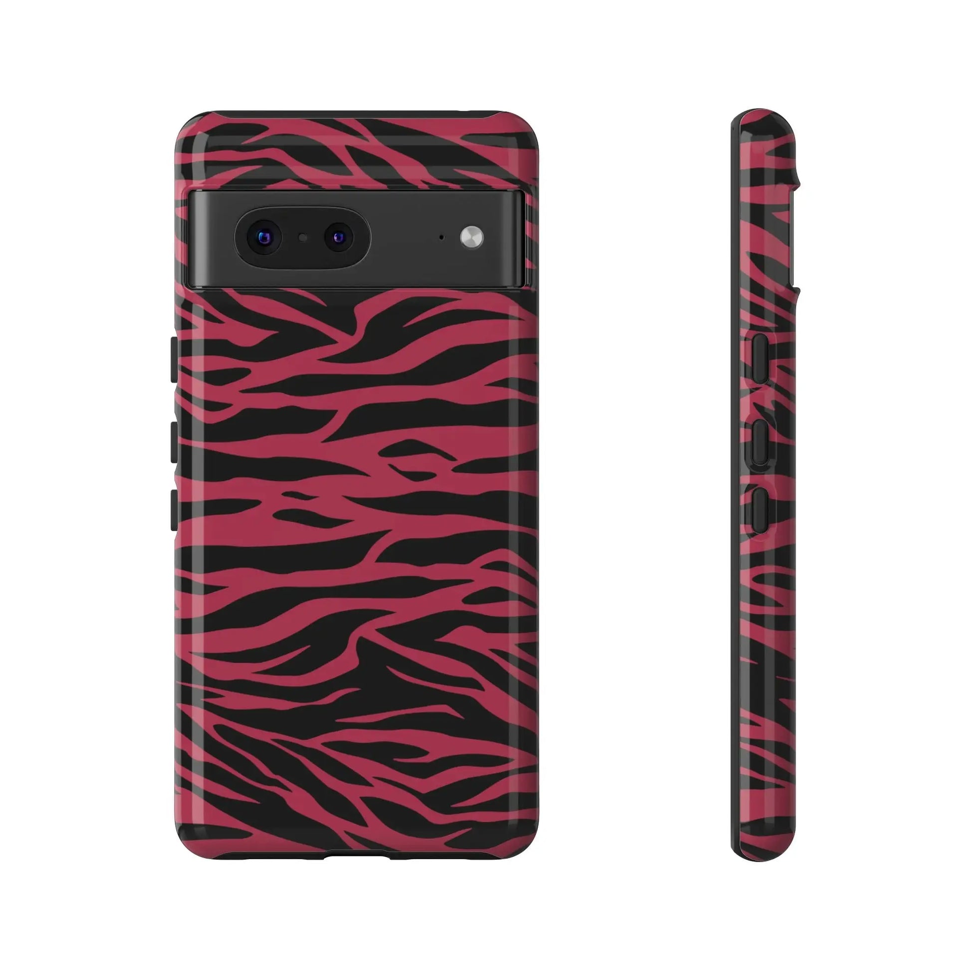 Back side of a magenta wild tiger pattern print phone case with pink and black zebra print design
