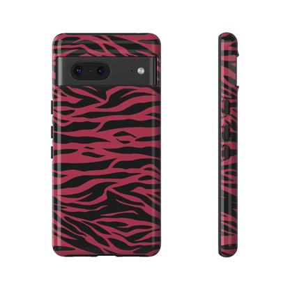 Back side of a magenta wild tiger pattern print phone case with pink and black zebra print design