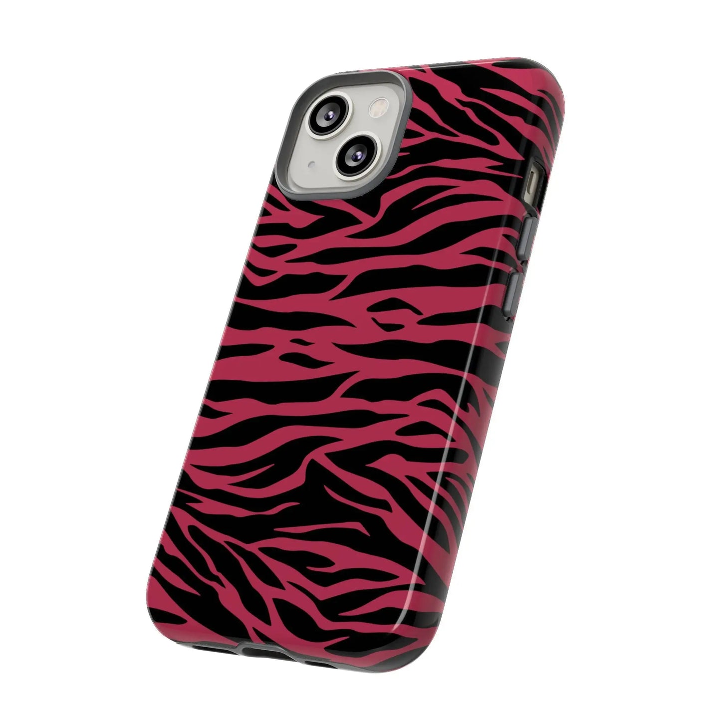 Back side of an iphone 13 phone case with a glossy magenta wild tiger pattern print in vibrant pink and black zebra stripes