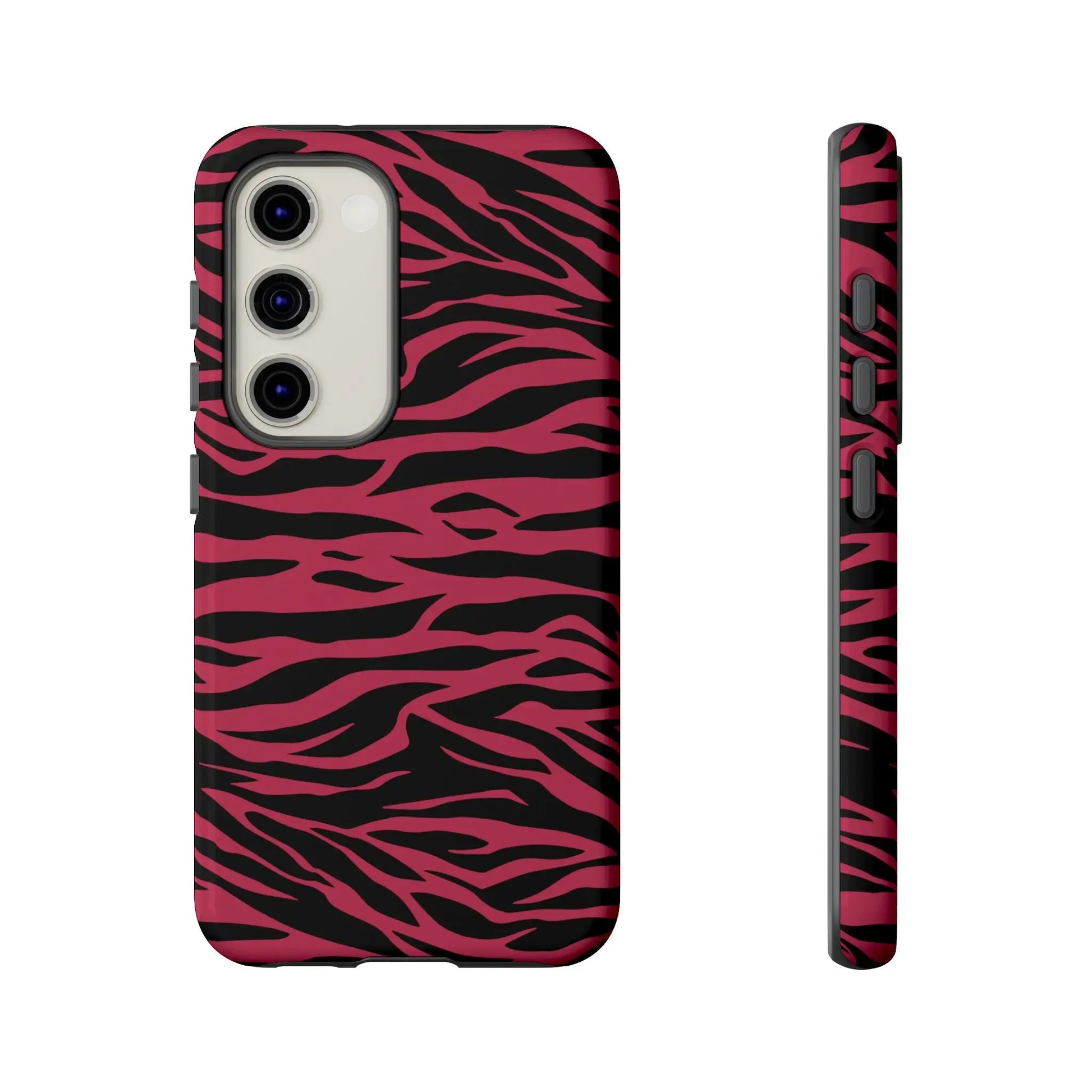 Back side of a protective magenta wild tiger pattern phone case with vibrant pink and black zebra striped design