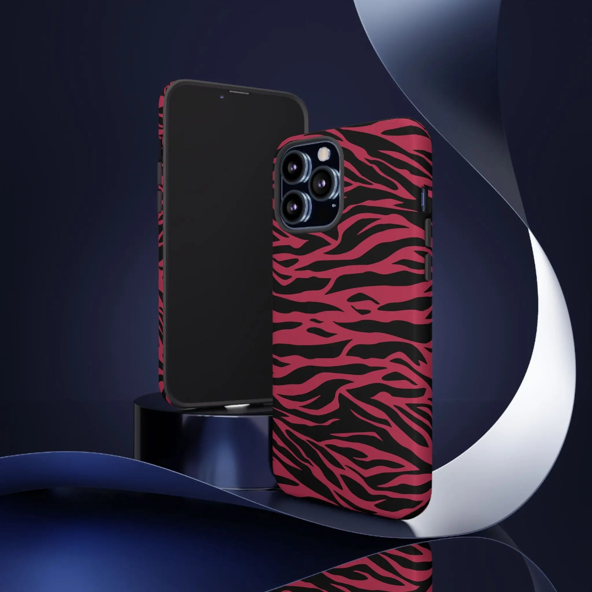 Magenta wild tiger phone case with vibrant red and black tiger pattern print and a sleek protective design back side shown