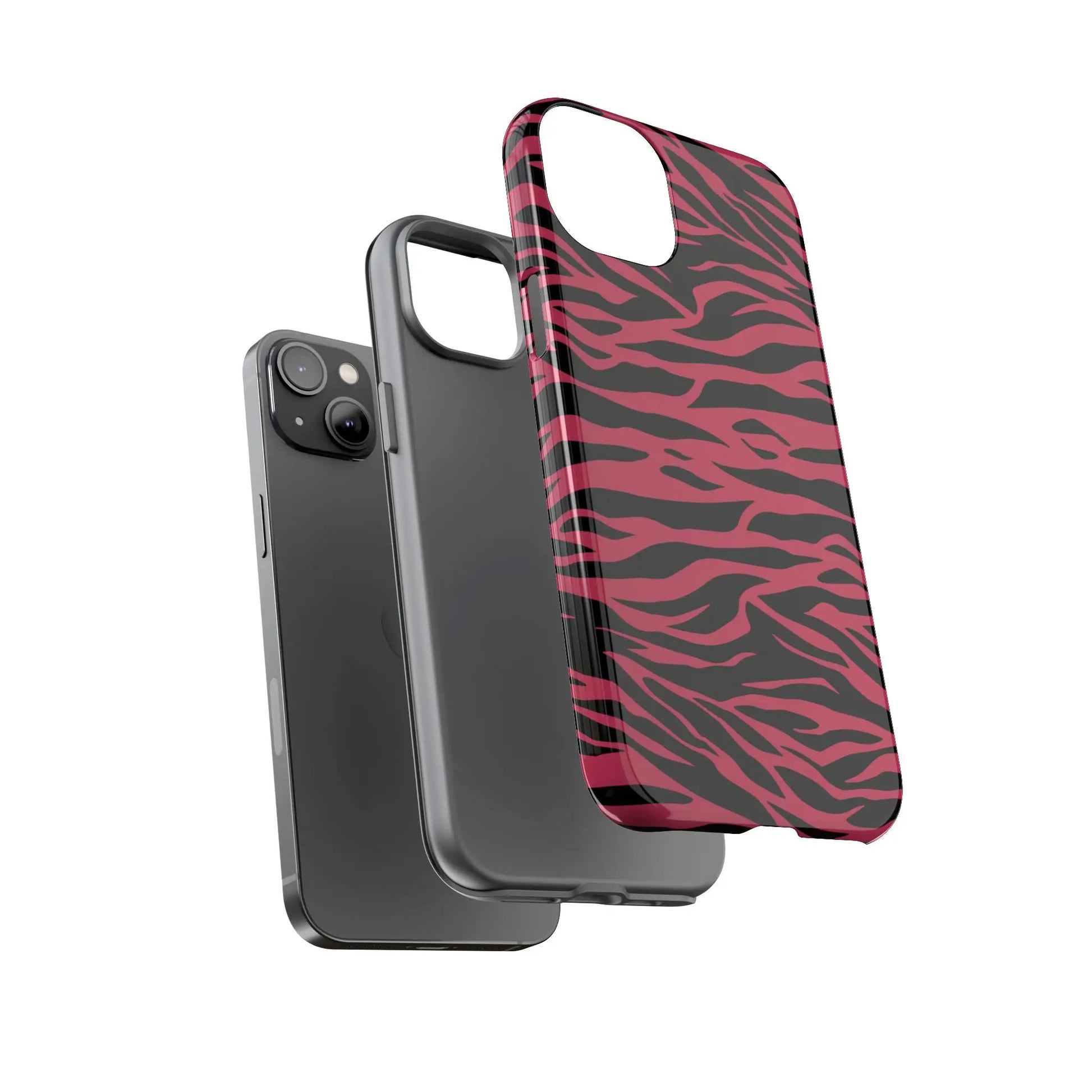 Back side of a glossy magenta wild tiger pattern print iphone case with vibrant pink and black zebra stripes