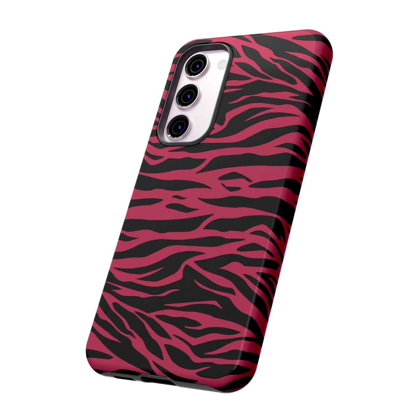 Magenta wild tiger phone case with vibrant pink and black wild tiger pattern print and sleek glossy finish shown from back side