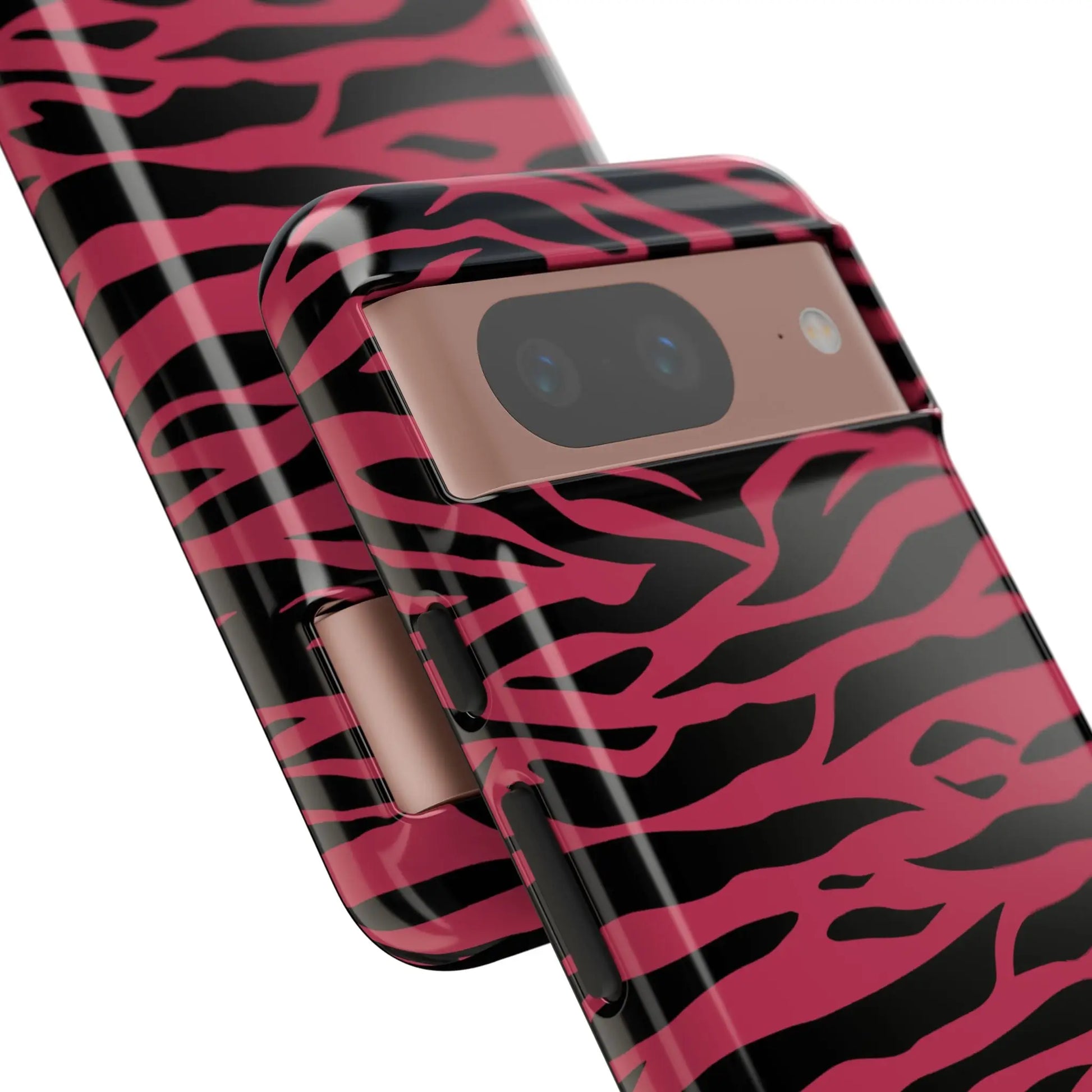 Back side of a vibrant magenta wild tiger pattern print phone case with glossy pink and black zebra-striped design