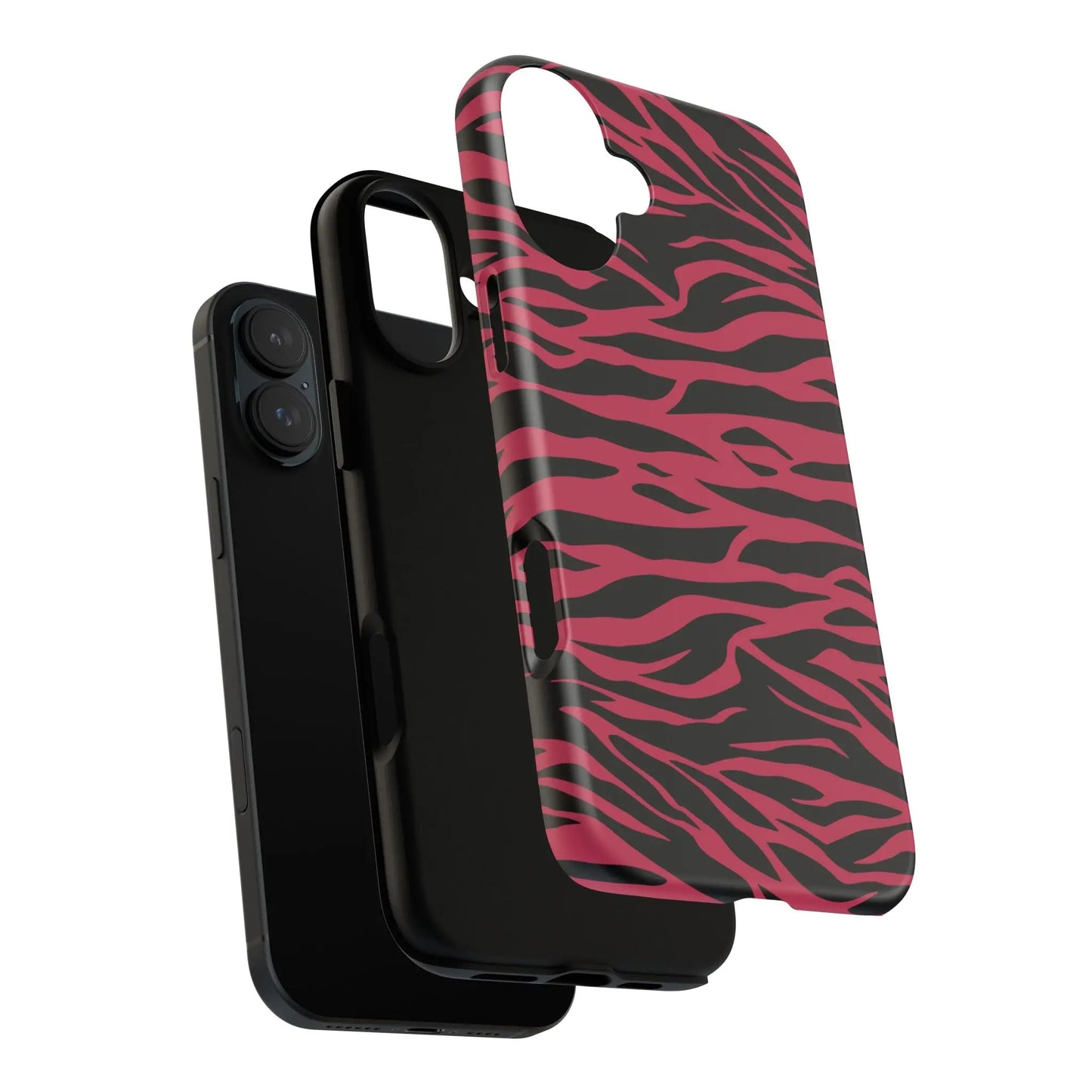 Magenta wild tiger phone case with vibrant pink and black wild tiger pattern print and sleek protective design shown from the back