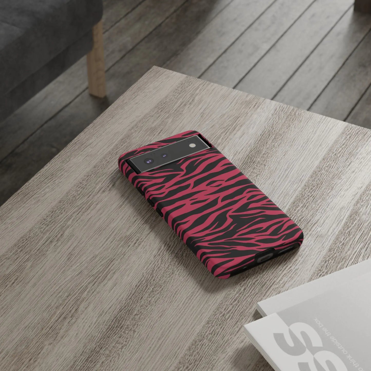 Magenta wild tiger pattern print phone case featuring vibrant pink and black zebra-striped design on the back side