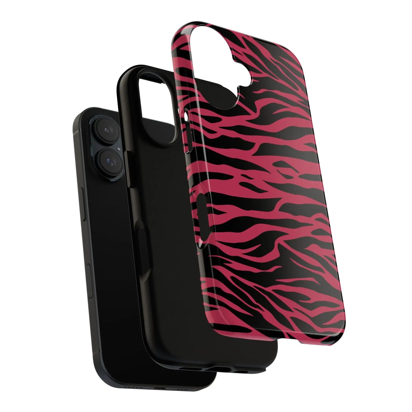Magenta wild tiger phone case with glossy finish featuring pink and black wild tiger pattern print on the back side