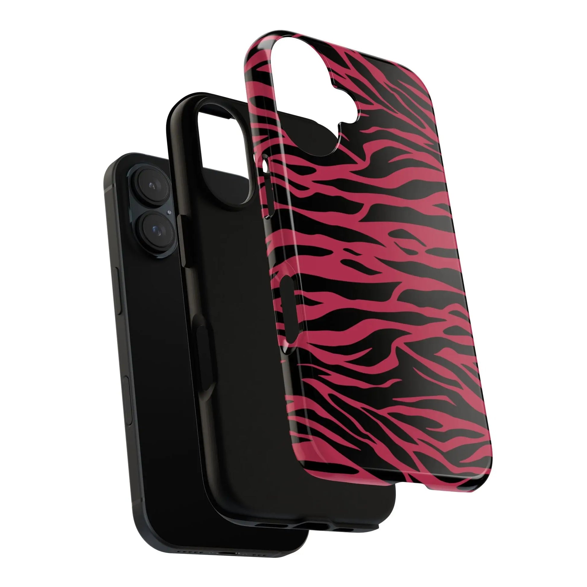 Magenta wild tiger phone case with glossy finish featuring pink and black wild tiger pattern print on the back side