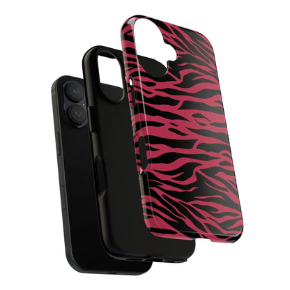 Magenta wild tiger phone case with glossy finish featuring pink and black wild tiger pattern print on the back side