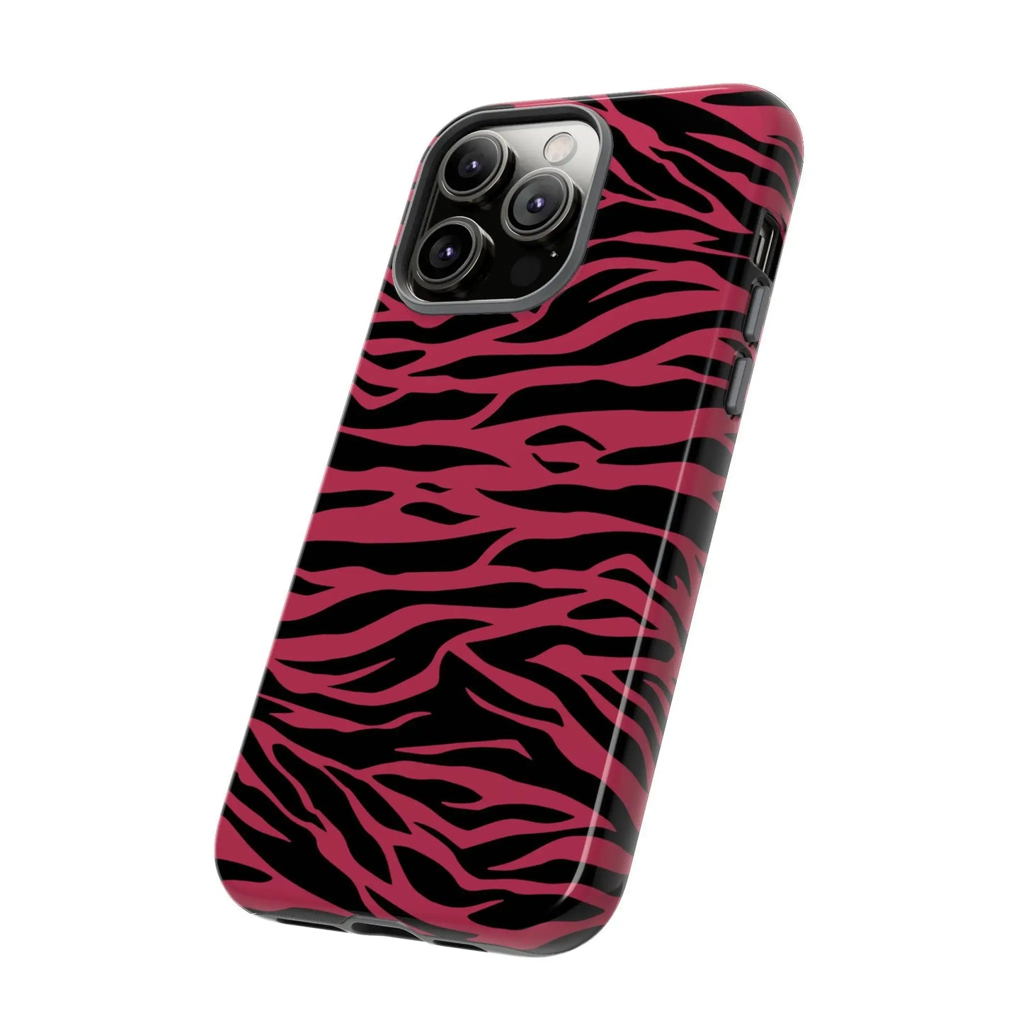 Back side of a vibrant pink and black phone case with a glossy finish featuring a magenta wild tiger pattern print