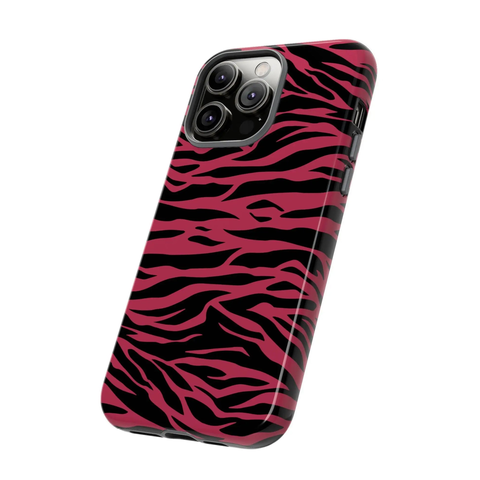 Back side of a vibrant pink and black phone case with a glossy finish featuring a magenta wild tiger pattern print