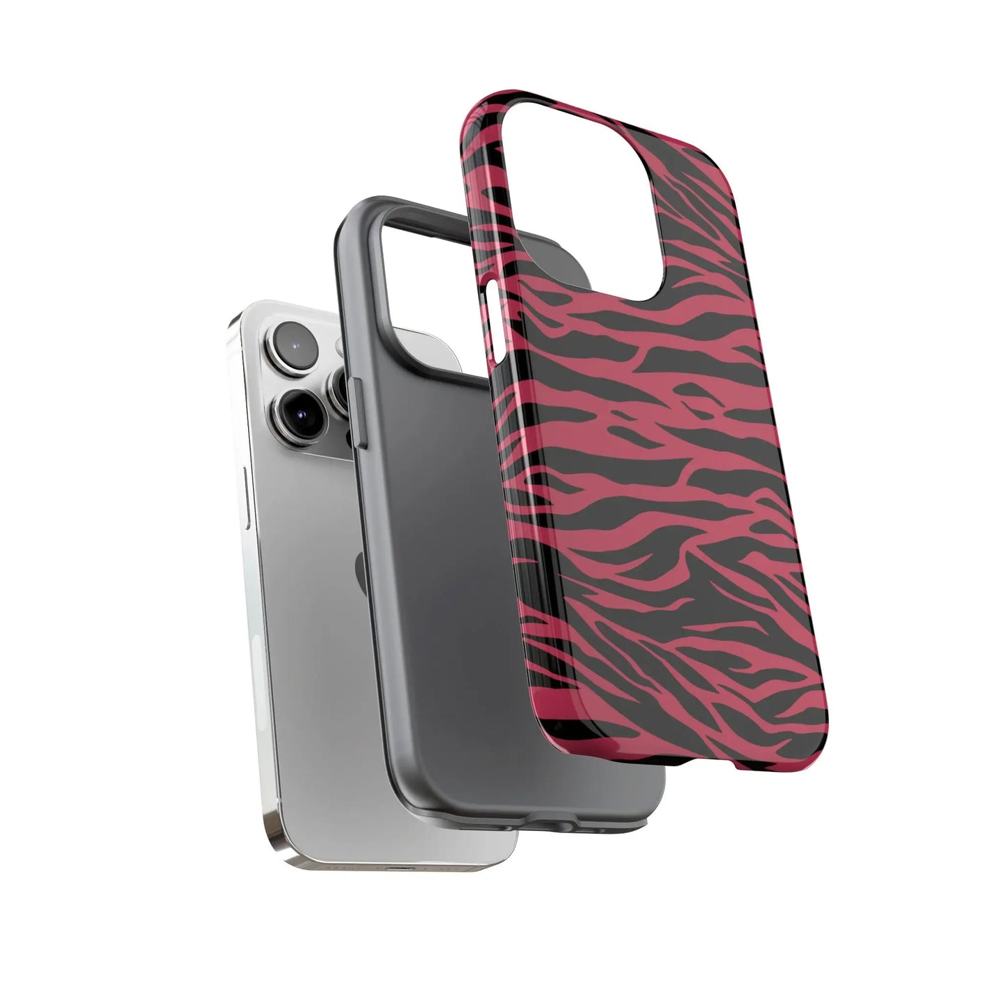 Back side of a magenta wild tiger pattern print phone case with pink and black zebra-print design