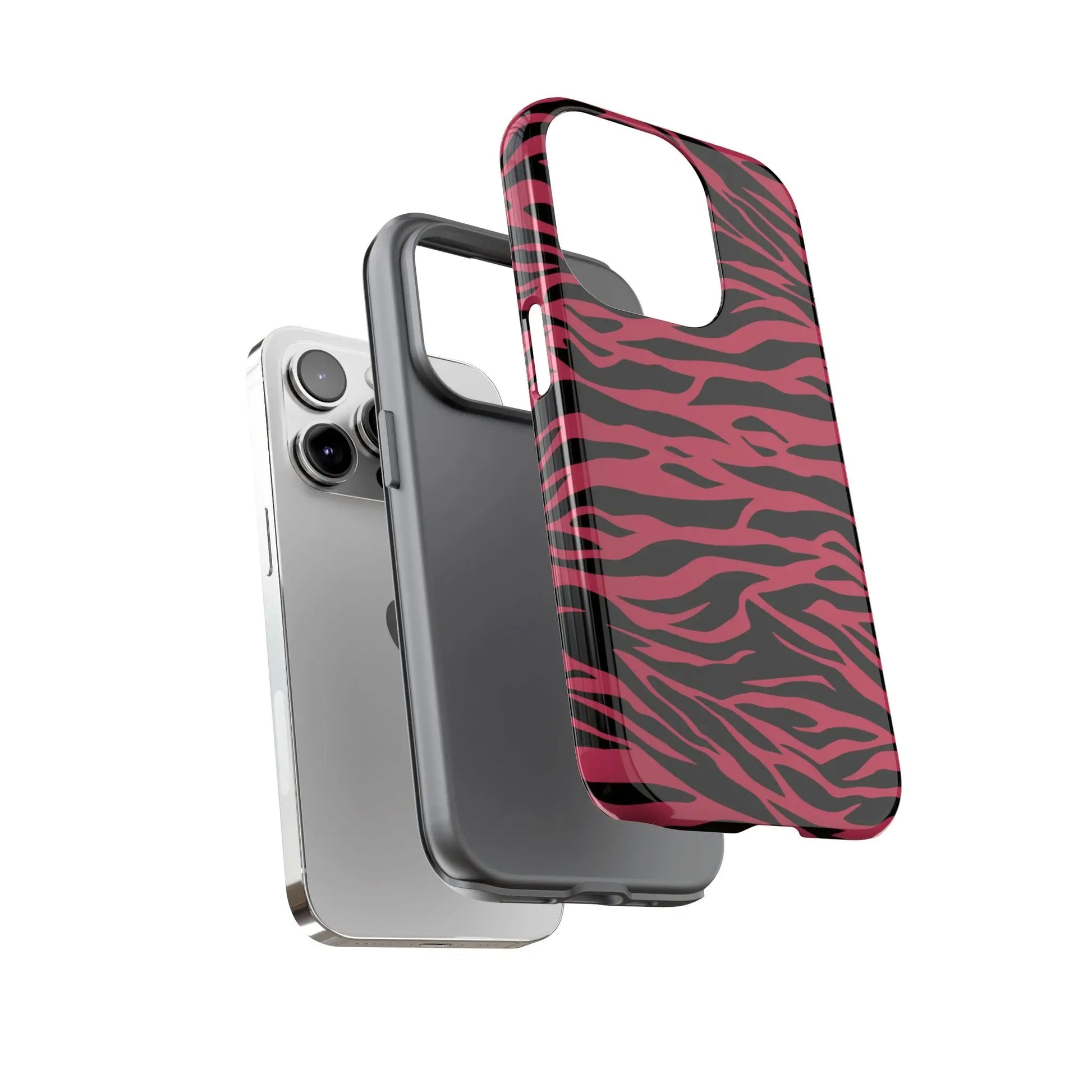 Back side of a magenta wild tiger pattern print phone case with pink and black zebra-print design