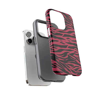 Back side of a magenta wild tiger pattern print phone case with pink and black zebra-print design