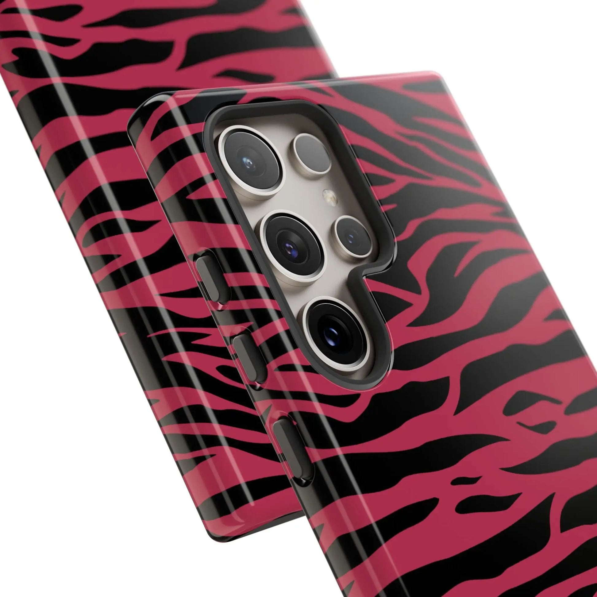 Back of a vibrant pink and black glossy samsung galaxy s23 ultra phone case with magenta wild tiger pattern print