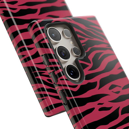 Back of a vibrant pink and black glossy samsung galaxy s23 ultra phone case with magenta wild tiger pattern print