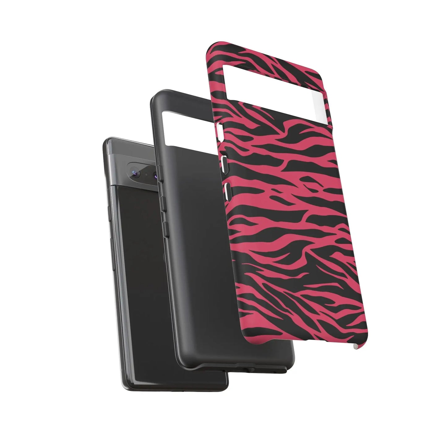 Magenta wild tiger phone case with vibrant pink and black wild tiger pattern print and sleek protective design back view