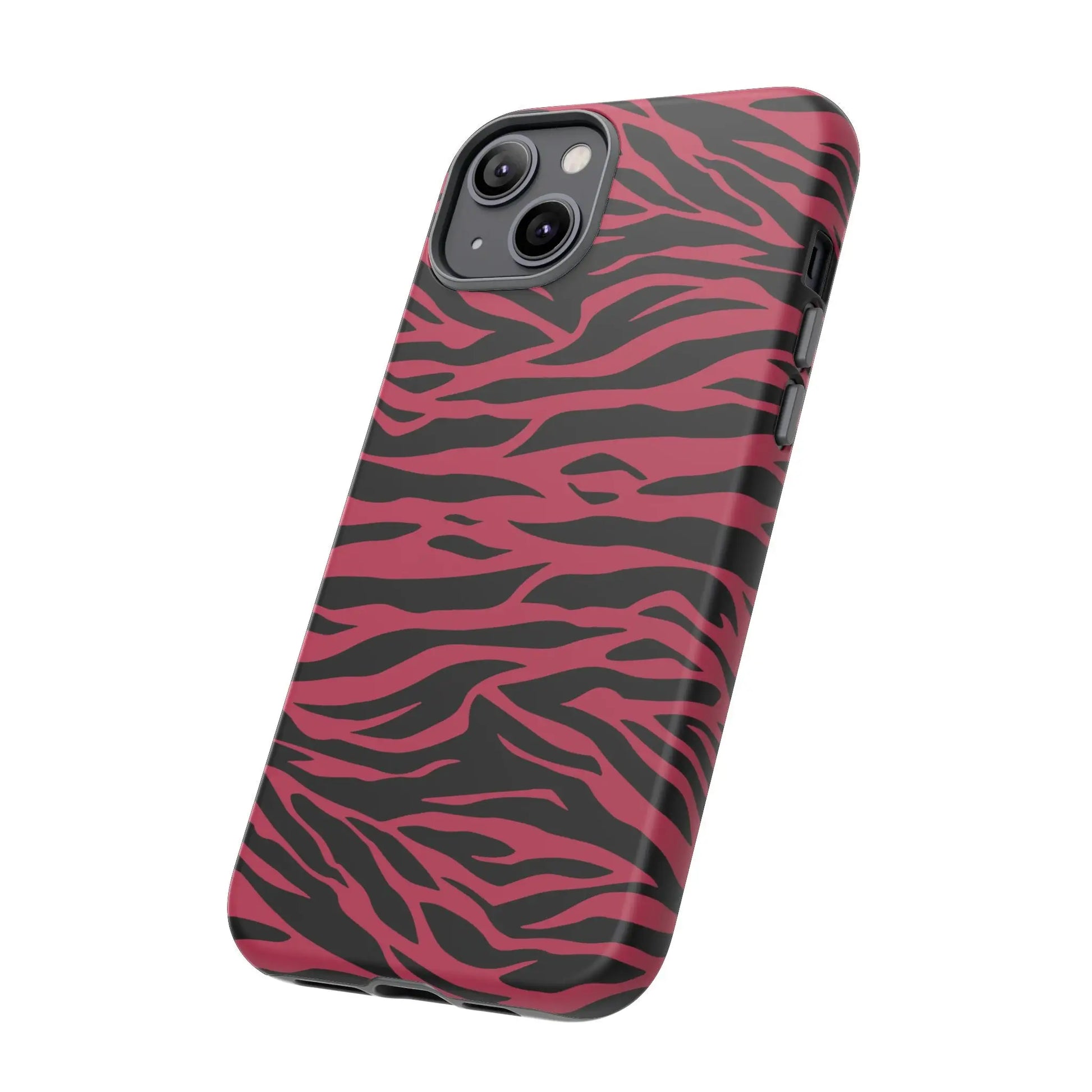 Magenta wild tiger phone case with vibrant pink and black wild tiger pattern print and sleek protective design back view