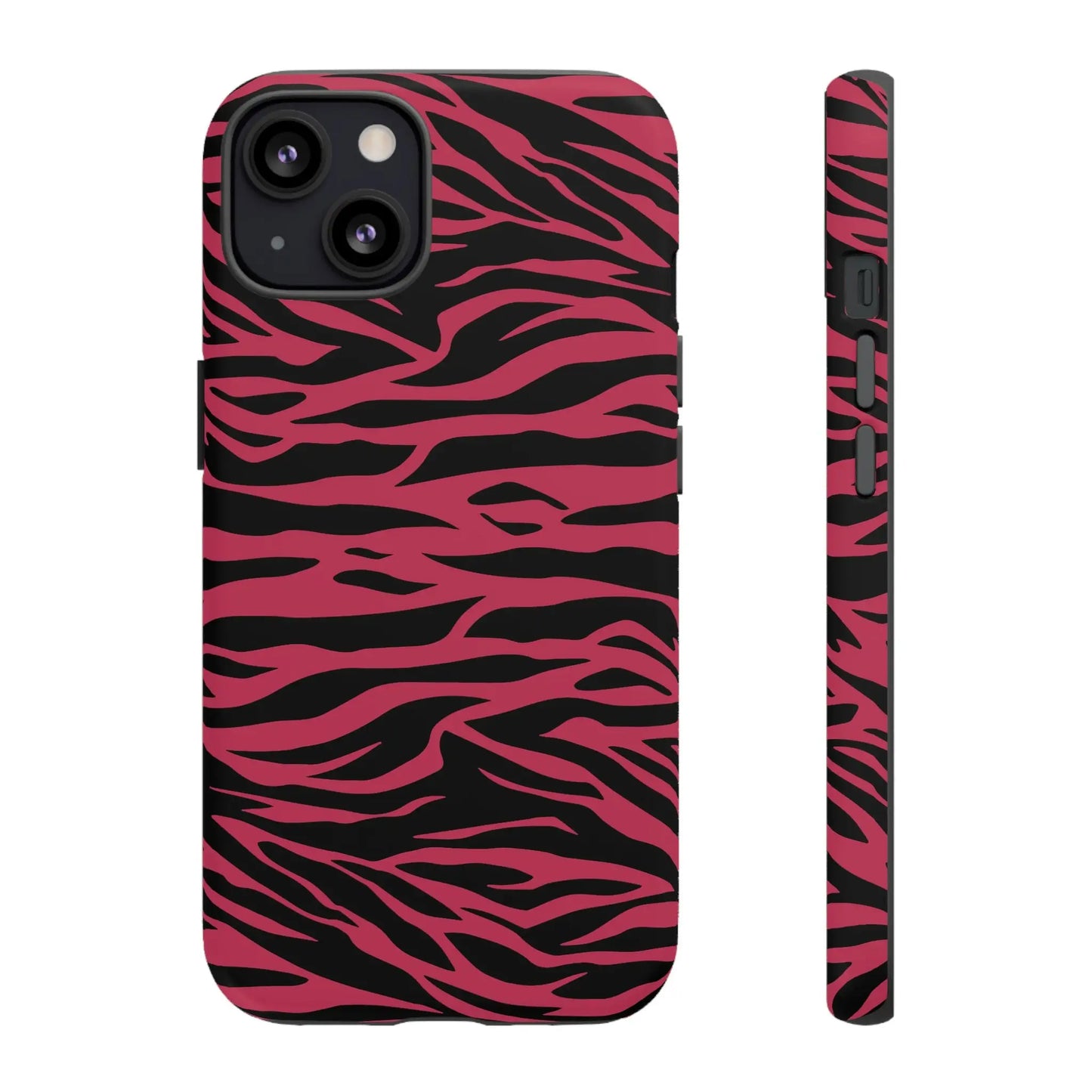 Back view of a magenta wild tiger pattern print phone case featuring pink and black zebra-print design