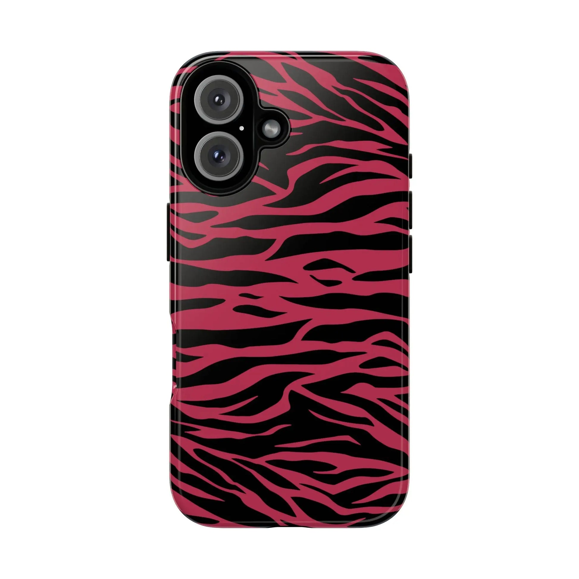Back side of a glossy magenta wild tiger pattern print phone case with vibrant pink and black stripes