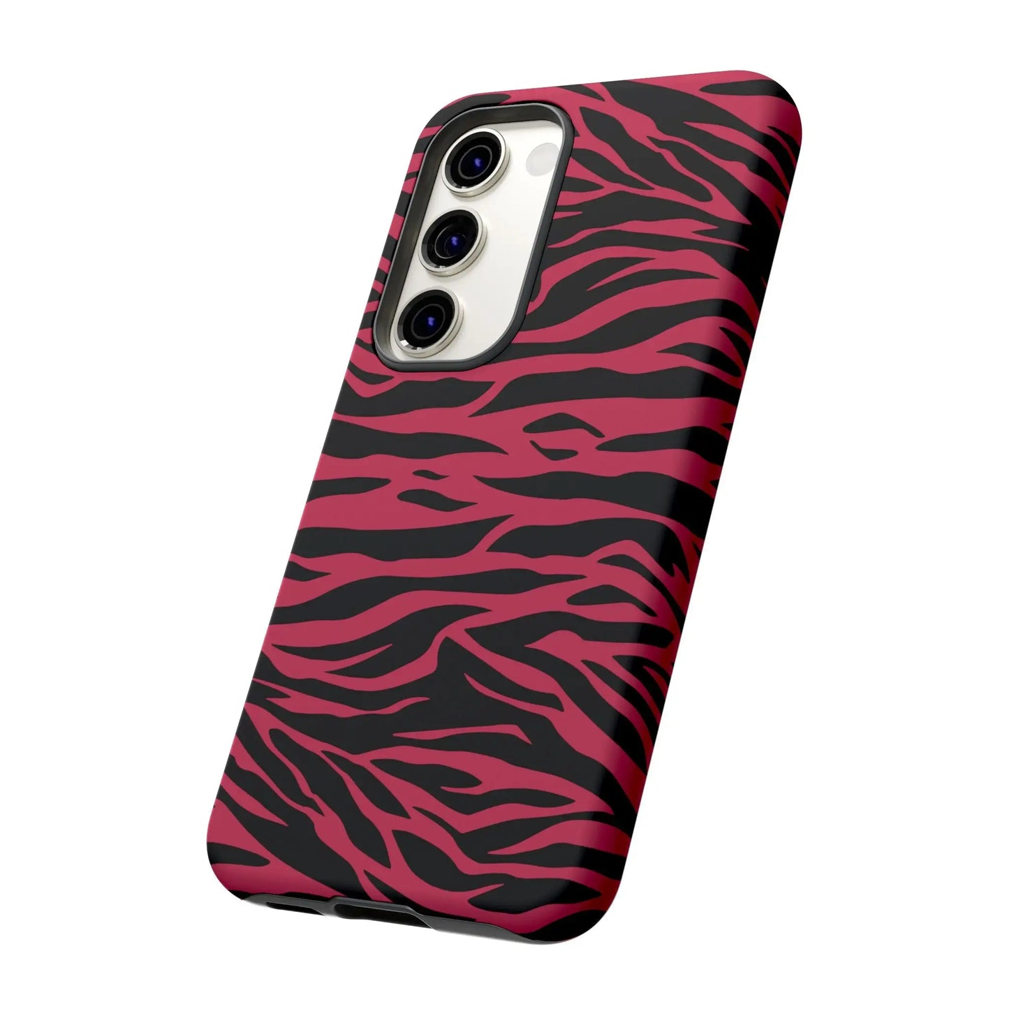 Back side of a vibrant pink and black glossy phone case with magenta wild tiger pattern print design