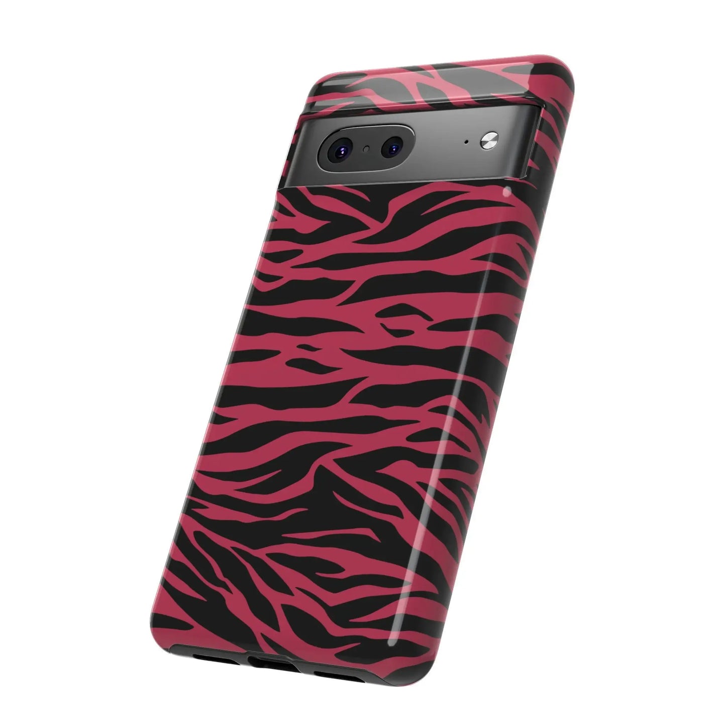 Magenta wild tiger phone case with vibrant pink and black wild tiger pattern print and glossy finish shown from the back side