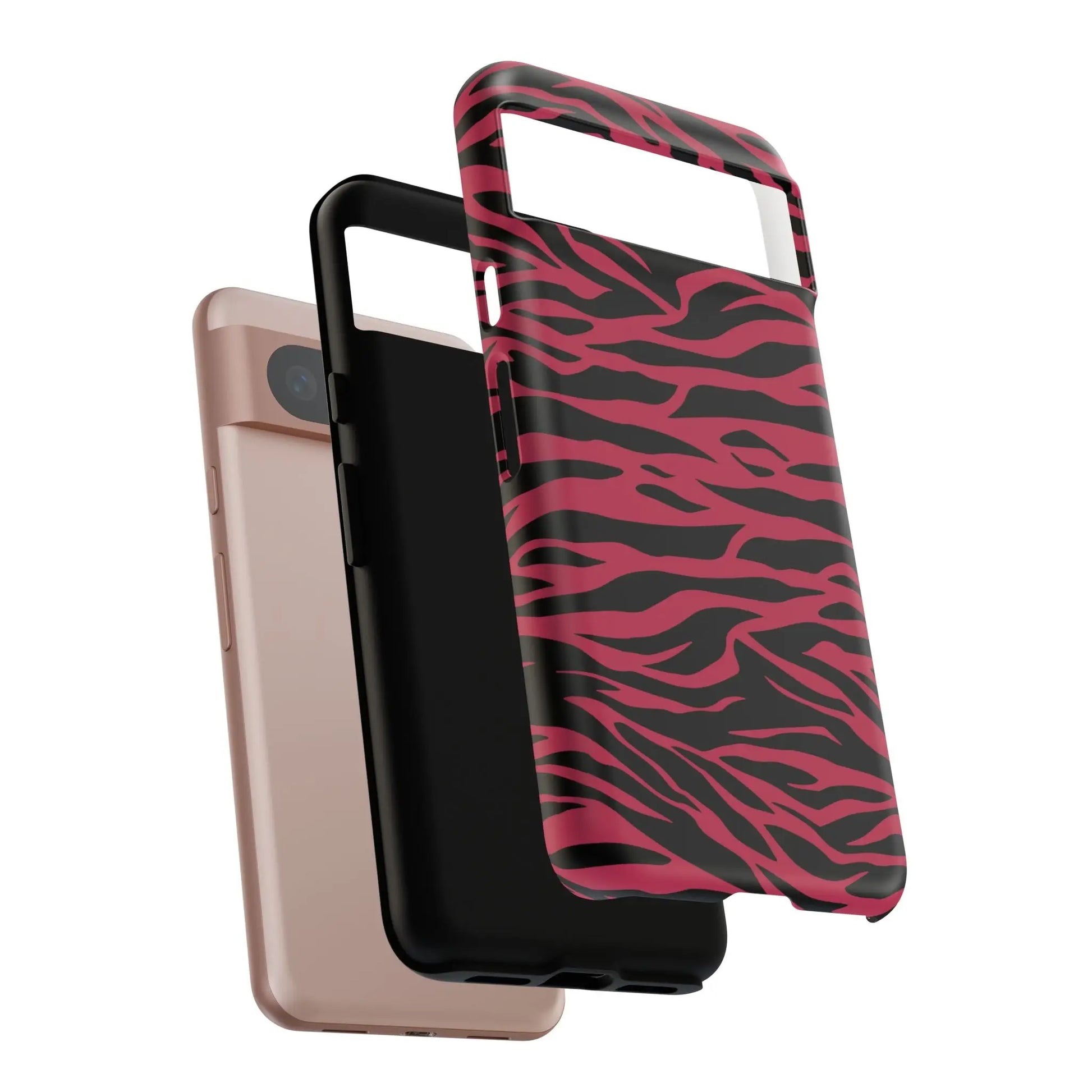 Magenta wild tiger pattern print phone case showing back side with sleek pink and black zebra-print protective design