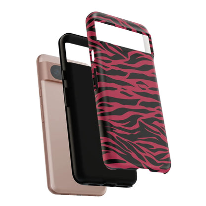 Magenta wild tiger pattern print phone case showing back side with sleek pink and black zebra-print protective design