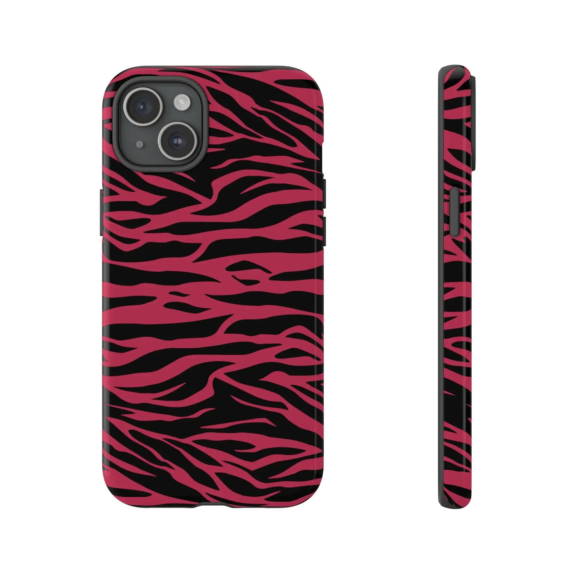 Magenta wild tiger pattern print phone case featuring a vibrant pink and black zebra-striped back with sleek protection