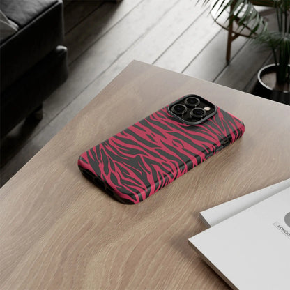 Magenta wild tiger phone case with vibrant pink and black wild tiger pattern print and sleek protective design back view
