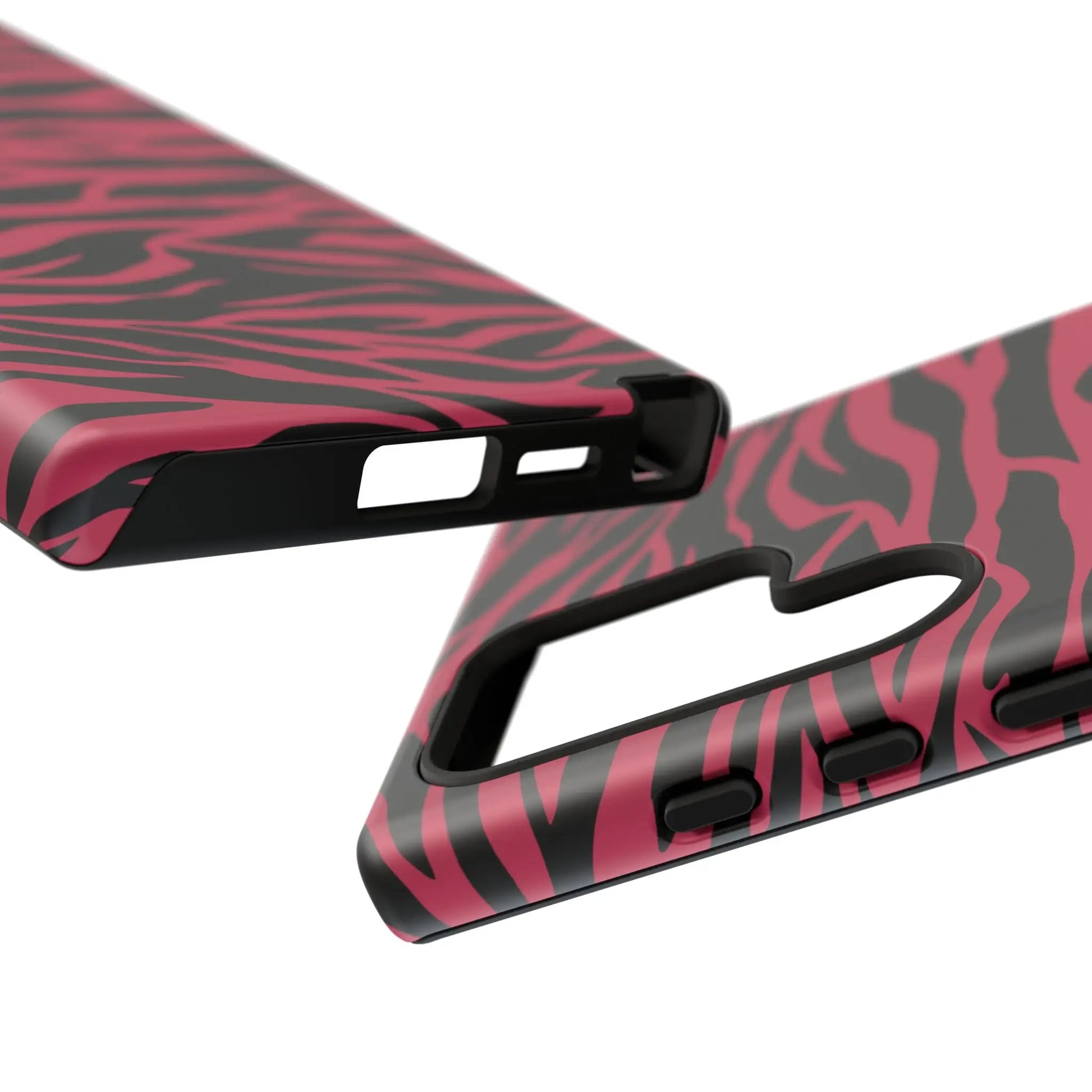 Magenta wild tiger pattern print phone case with pink and black zebra-print design and glossy finish shown from back side