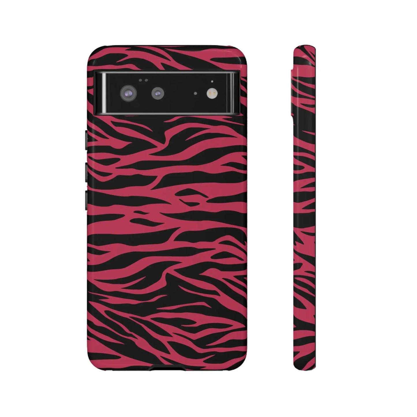 Magenta wild tiger phone case with vibrant pink and black wild tiger pattern print on the back for google pixel 6a