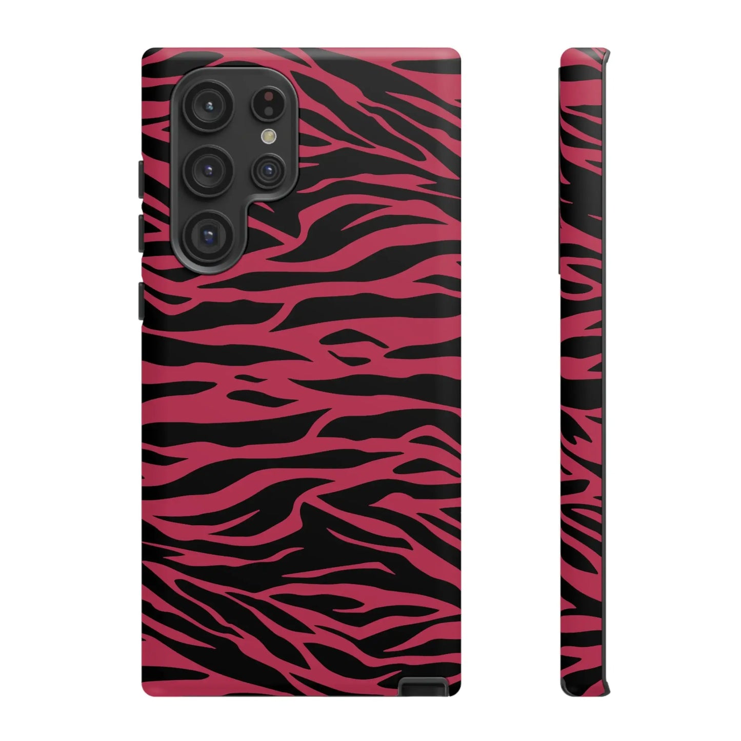 Vibrant magenta wild tiger phone case with black zebra striped tiger pattern print for samsung galaxy s23 ultra back view