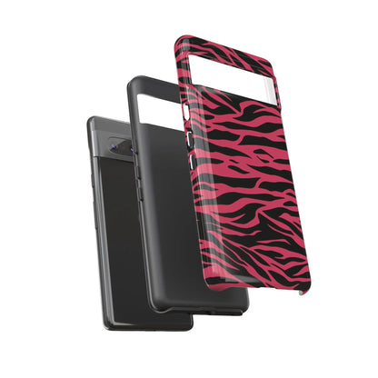 Back side of a magenta wild tiger pattern print phone case with pink and black zebra-print glossy finish