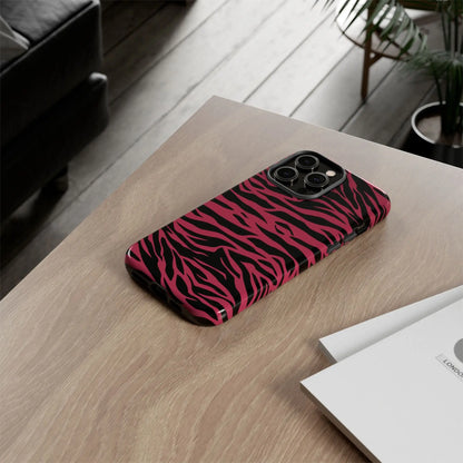Back view of a glossy magenta wild tiger pattern iphone case with vibrant pink and black zebra stripes