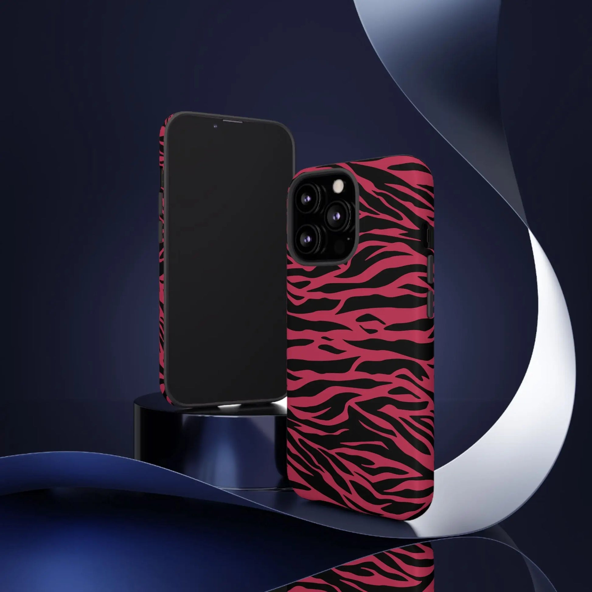 Magenta wild tiger pattern print phone case with vibrant pink and black zebra-striped design on the back side