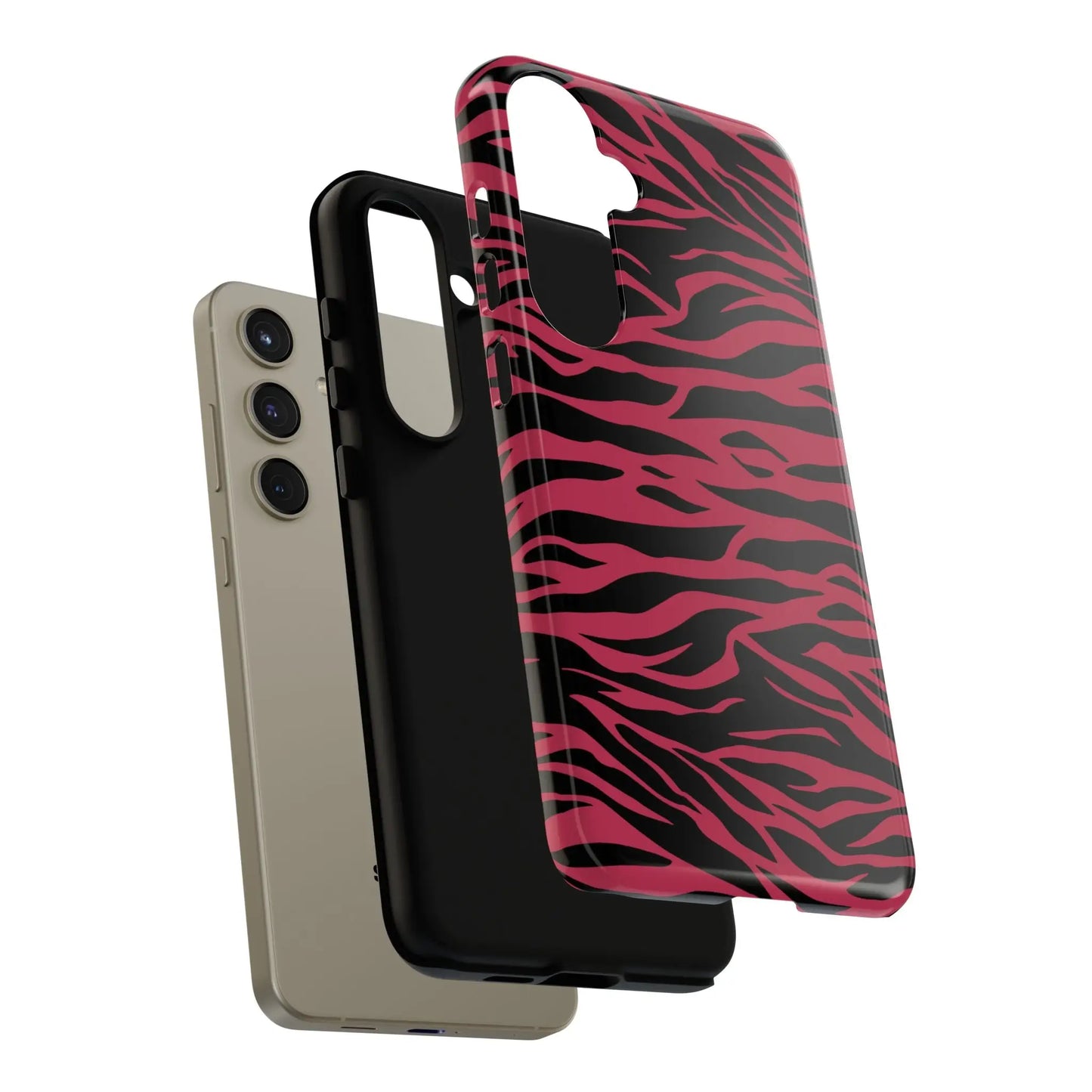 Back side of a magenta wild tiger pattern print phone case with a glossy finish in pink and black zebra print
