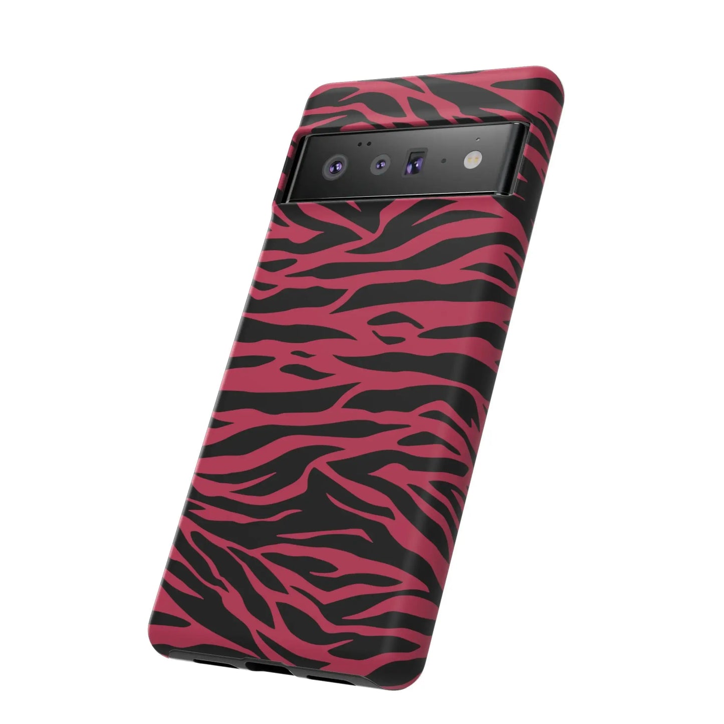 Magenta wild tiger phone case in vibrant pink and black with wild tiger pattern print and glossy finish shown from the back side