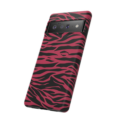 Magenta wild tiger phone case in vibrant pink and black with wild tiger pattern print and glossy finish shown from the back side