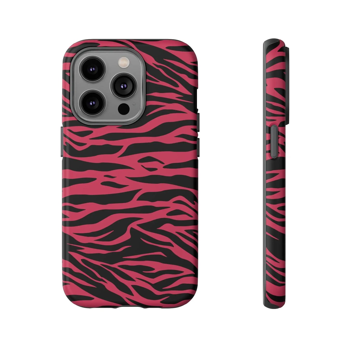 Vibrant pink and black magenta wild tiger pattern print phone case for iphone 13 pro showing back side