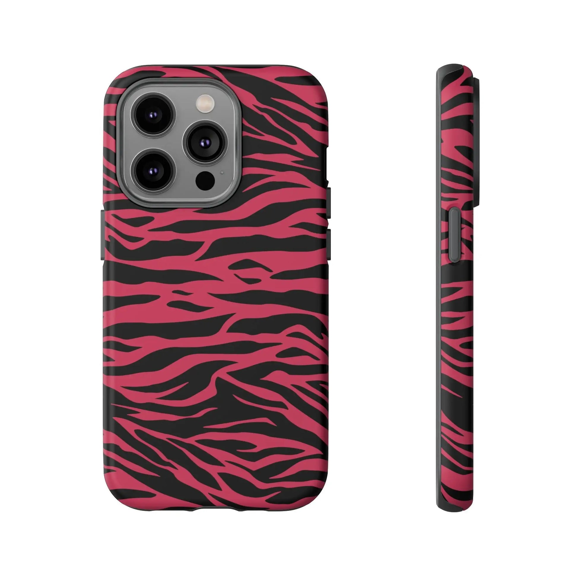 Vibrant pink and black magenta wild tiger pattern print phone case for iphone 13 pro showing back side